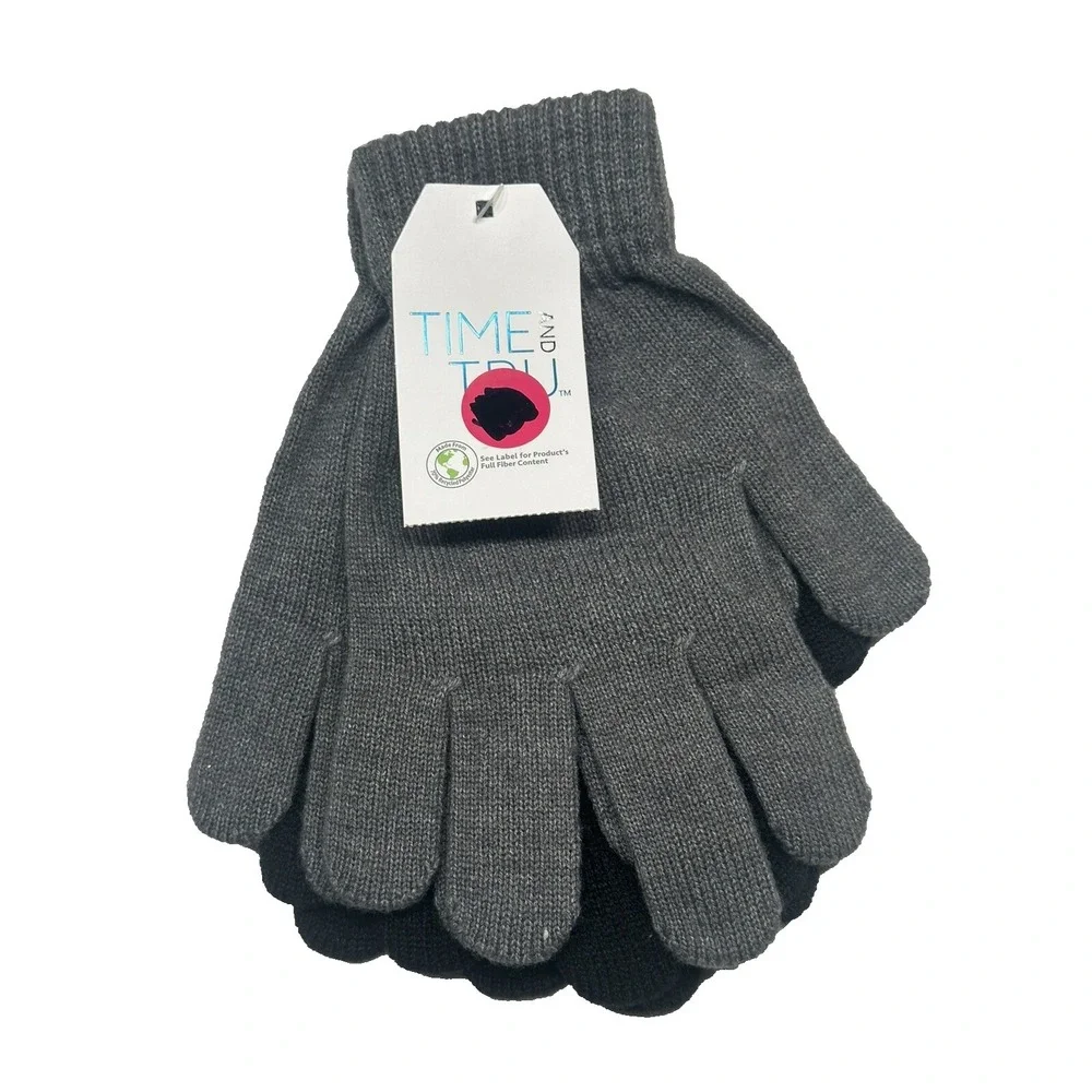 NEW time and tru‎ womens 2 pairs winter gloves black & grey